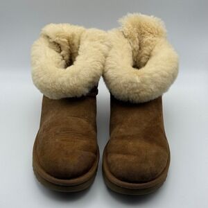 UGG Mini Bailey Bow Chestnut Suede Sheepskin Boots Womens 7 Tan